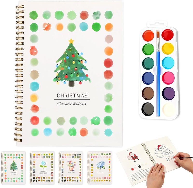 KOSIMI Watercolor Workbooks, Beginner Watercolor Painting Kit –Water Coloring Book Paint Set Workbook with 12 Watercolor Paints & Brush (C) - Image 1